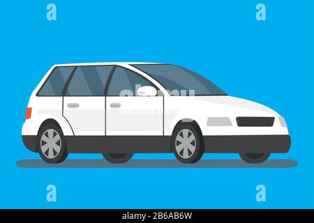 White cartoon car on blue background,flat vector illustration. Stock Vector