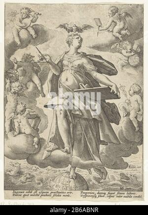 Allegory of art a woman with a pen in one hand, and a writing table or plate in the other hand balances with one foot on a globe. Around her angels with symbols of the seven liberal arts. Above her head a dove (or heart with wings). Under the performance four lines Latijn. Manufacturer : printmaker: Hendrick Goltzius (studio) to design: Hendrick Goltzius (listed building) publisher Claes Jansz. Visscher (II) (referred to on object) Place manufacture: print maker: Haarlem Publisher: Amsterdam Dating: 1586 to 1590 and / or 1596 - 1652 Physical characteristics: engra material: paper Technique: en Stock Photo