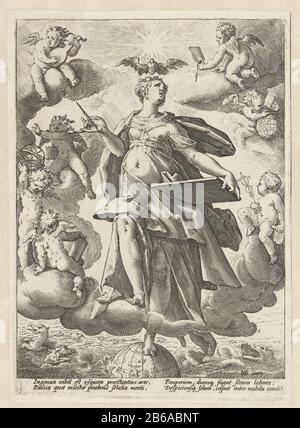 Allegory of art a woman with a pen in one hand, and a writing table or plate in the other hand balances with one foot on a globe. Around her angels with symbols of the seven liberal arts. Above her head a dove (or heart with wings). Under the performance four lines Latijn. Manufacturer : printmaker: Hendrick Goltzius (studio) to design: Hendrick Goltzius (listed building) Publisher: Hendrick Goltzius Place manufacture: Haarlem Dating: 1586 - 1590 Physical features: car material: paper Technique: engra (printing process) dimensions: plate edge: h 220 mm × W 157 mm Subject: symbolic representati Stock Photo