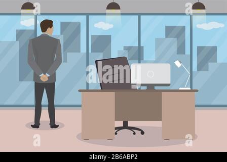 Caucasian Businessman standing with his back and looking out the window in modern office,cartoon vector illustration Stock Vector