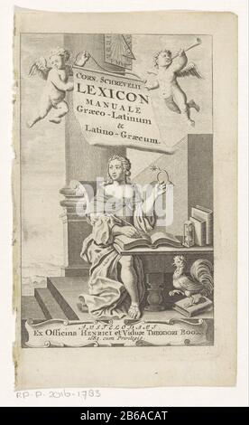 Allegory speech Title page for Cornelis Schrevelius, Lexicon manuale Graeco-Latinum, 1685 A woman, in classical garb, sitting behind a desk, in a hand rail, a reference to the reason. On the table an hourglass as a symbol of transience. At her feet a rooster, symbolizing vigilance. On the pillar behind her a sundial, that refers to the passage of time. Two angels hold a banner fixed Where: the title in the Latijn. Manufacturer : printmaker: anonymous publisher: Hendrick and Widow Dirk Tree (listed property) provider of privilege: anonymous (listed property) Place manufacture: Amsterdam Date: 1 Stock Photo