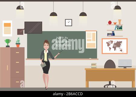 Cartoon caucasian female teacher in school classroom interior,chalkboard, flat vector illustration Stock Vector