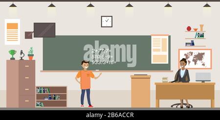 Cartoon School classroom interior,Caucasian student in the class at the chalkboard and teacher sitting at the table, flat vector illustration Stock Vector