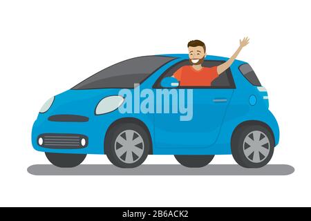 Happy cartoon caucasian male rides in blue car,isolated on white background,flat vector illustration Stock Vector