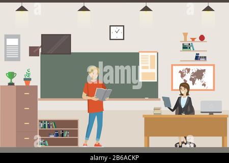 Cartoon School classroom interior,Caucasian student in the class at the chalkboard and teacher sitting at the table, flat vector illustration Stock Vector