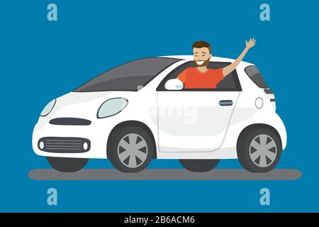 Happy cartoon caucasian man rides in white car,flat vector illustration Stock Vector