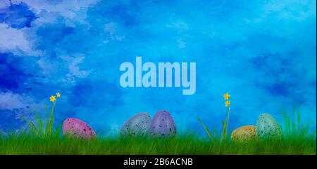 a colorful art easter background with easter eggs on grass Stock Photo