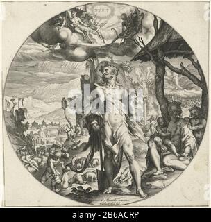 Allegory of the fall of mankind and Val salvation of mankind (series title) Adam, who had to work the ground after the fall, stands with a shovel in his hand. Eva sits right under a shelter with her two sons. The sky pointing his arrow Death of Adam and Satan sits on a throne. In the landscape are various consequences of the Fall shown: murder, people who indulge in drink and feast, worshiping the golden calf, shipwreck and oorlog. Manufacturer : printmaker: Harmen Jansz Muller (listed property) designed by R. Pilander (listed property) Place manufacture: Amsterdam Date: 1588 - 1592 Physical f Stock Photo