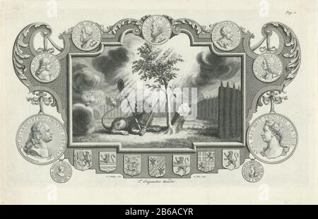 Allegory of the elevation of William IV as governor in 1747 allegory of the elevation of prince William IV as governor in May 1747. the Dutch Lion with heavy d, lance and freedom awake hat in the Dutch Garden in the divine light shone Oranjeboom. In frame with arms of the seven provinces and portrait medallions of Prince William IV and his wife Anna of Hanover and the former Princes of Orange. Right: Pag. 1. Manufacturer : printmaker Jan Caspar Philips (listed building) in its design: Jan Caspar Philips (listed building) Publisher: Theodore Crajenschot (listed property) Place manufacture: Amst Stock Photo