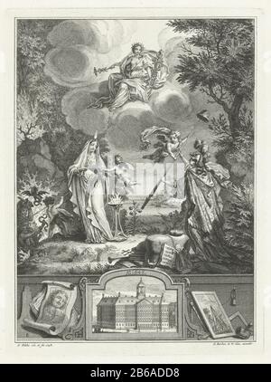 Allegory of the 100th anniversary of Dutch Freedom, 1648-1748 the personification of Peace laureate enthroned in the air with an olive branch and a caduceus. Under her Minerva received a lance with freedom hat of a putto. A second putto offers Vigilance in the middle of a book. On the far left is chasing a third putto diabolic figures with a spear in a sea of flames. At the bottom the in 1648 completed Hall on the Dam in Amsterdam with a portrait of Jacob van Campen and imagine piling on bouw. Manufacturer : printmaker Simon Fokke (listed building) in its design: Simon Fokke (listed object) Stock Photo