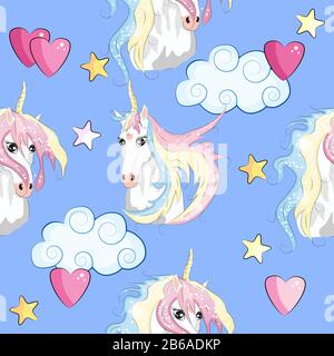 Seamless pattern with trendy cartoon patches. Unicorns, rainbows and hearts. Stock Vector