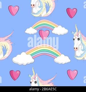 Seamless pattern with trendy cartoon patches. Unicorns, rainbows and hearts. Stock Vector