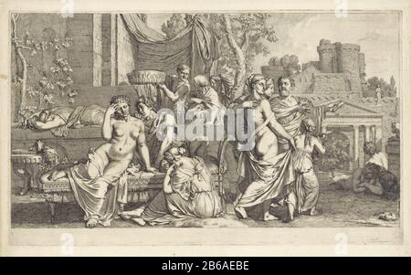 Allegory awakening View of a city with ancient buildings. Left of center awakening two women and a man out of their sleep. Behind this is a still sleeping woman on a wall. Right is a just awakened woman away by a couple with child. In the background are three figures finished jugs water. Manufacturer : printmaker: Gerard de Lairesse to own design: Gerard de Lairesse Dated: 1685 - 1689 Physical features: etching; proofing material: paper Technique: etching Dimensions: plate edge: H 348 mm × W 585 mm Subject: waking uparchitectural representations in general (+ styles in art  ancient historical Stock Photo