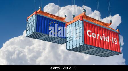Container with Coronavirus Corvid-19 text on the side and container with European Flag. Concept of international trade spreading the Corona virus. Stock Photo