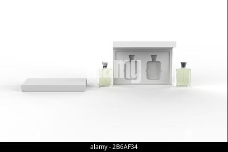 Two Glass perfume bottle mockup with open and closed package box on white background, 3d illustration. Stock Photo