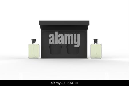 Two Glass perfume bottle mockup with open and closed package box on white background, 3d illustration. Stock Photo
