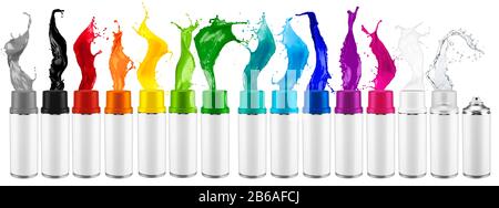 set collection row of many various spray can spraying colorful rainbow paint liquid color splash explosion isolated on white background. Industry diy Stock Photo