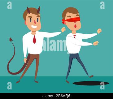 Business man pushing his competitor to the hole. Concept of competition, sabotage and danger of the corporate business world. Stock Vector