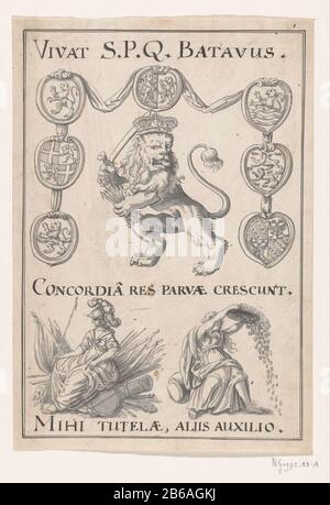 Allegorically emblem in the Treaty of Rijswijk, 1697 Logo with the Dutch lion surrounded by the arms of the seven provinces, Minerva sitting on weapons and a woman a scale with pouring out coins. Title: Vivat S.P.Q. Batavus / Concordia res PARVAE Crescunt / Mihi tutelae, aliis auxilio. Design for decoration at the celebration of the Peace of Rijswijk in 1697. Manufacturer : artist: anonymous place manufacture: Northern Netherlands Date: 1697 Physical features: pen in black and brush in gray material: paper ink Technique: pen Dimensions: H 295 mm × W 205 mm Subject: festivities on events or nat Stock Photo