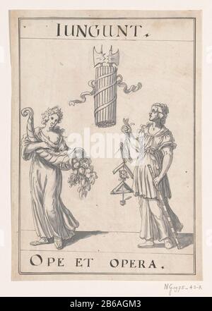 Allegorically emblem in the Treaty of Rijswijk, 1697 Emblem with two female personification of Abundance and the liberal arts on either side of a fasces. Marks: Iungunt / Ope et opera. Design for decoration at the celebration of the Peace of Rijswijk in 1697. Manufacturer : artist: anonymous place manufacture: Northern Netherlands Date: 1697 Physical features: pen in black and brush in gray material: paper ink technology: pen / brush dimensions: H 295 mm × W 205 mm (top wider than bottom)  Subject: festivities on events or national Importance (+ festive decoration  festive activities) peace a Stock Photo