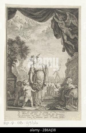 Allegorische performance with Goliath of Rhodes and Atlas A woman with a book under his arm and wings to the main points two cherubs on the Colossus of Rhodes in the background. Left in the background Atlas carrying the world. Top right is a putto with compasses on a globe. An angel reveals the scene. Links flying overhead Fama and sit on clouds gods. In the bottom margin a four-line French tekst. Manufacturer : print maker: anonymous Date: 1700 - 1800 Material: paper Technique: etching dimensions: sheet: h 133 mm (Inner cut off the plate edge.) × W 90 mm (Inner cut off the plate edge.)  Subje Stock Photo