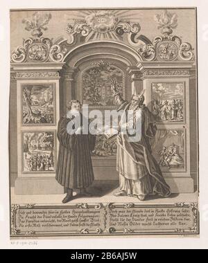 Allegory with Martin Luther and Moses RP-P-1914-2286 Martin Luther and Moses represent a monument Where: scenes from the Old Testament are depicted. In the middle, Adam and Eve and the expulsion from Paradise; left the ark of Noah and the destruction of Sodom and Gomorrah; right the story of Jacob and Joseph. In the cartridges at the top left Cain and Abel, right Abraham and Isaac. Luther and Moses holding an open beaten bible vast. Manufacturer : printmaker: Christian Friedrich Boëtius (listed property) to drawing: Gottfried August Gründler (listed property) Place manufacture: printmaker: Ger Stock Photo