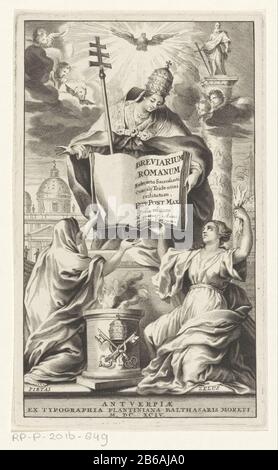 Allegory with Roman Catholic Church, piety and zeal Title page for Sn Breviarium romanum, 1694 the personification of the Roman Catholic church with crosier, papal tiara and a book leans over towards the kneeling Piety (Pietas) and Zeal (Zelus) with lightning bolts. Above her cherubs in clouds and a dove in glory as a symbol of the Holy geest. Manufacturer : printmaker Jan Antoon Pooter (possible) to design: Godfried Maes (possible) Publisher: Officina Plantiniana Balthasaris Moreti (listed property) Place manufacture: Antwerp Date: 1694 Material: paper Technique: engra (printing process) Meas Stock Photo