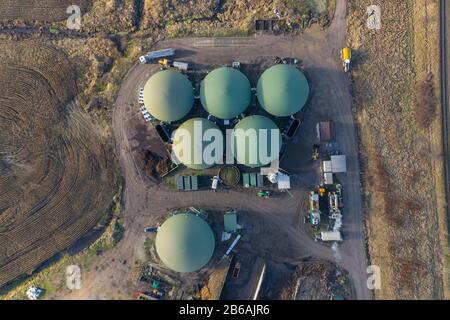 Aerial top down view over biogas plant Stock Photo