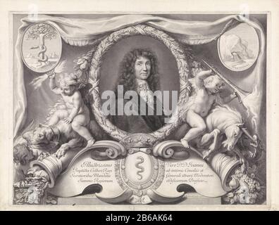 With allegorical portrait of Jean-Baptiste Colbert Upper part of a picture of two parts. The portrait of the statesman Jean-Baptiste Colbert oval table, flanked by two putti; one is with a lightning bolt on a dog; the other with trumpet on a unicorn. In the upper corners two oval medallions with logo. Under the portrait a cartouche with the arms of Colbert and both sides four lines in Latijn. Manufacturer : printmaker Gerard Edelinck (listed property) to drawing of Charles Le Brun (listed property) to painting: Pierre Mignard (1612 -1695) (listed building) printmaker: Richer grantor of privile Stock Photo
