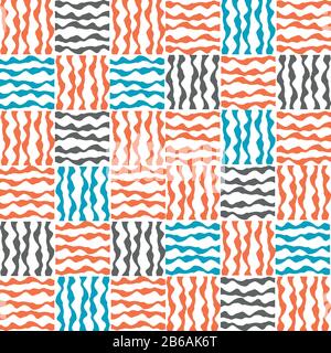 Vector plaid fabric weave seamless pattern background. Small orange, blue, gray squares geometric cloth backdrop. Irregular repeat cotton effect with Stock Vector