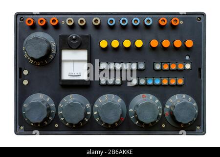 Isolated objects: very old control panel with switches, buttons, indicators and dials Stock Photo