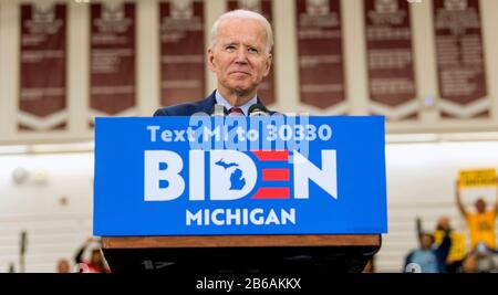 Detroit, Michigan, USA. 09th Mar, 2020. Vice President JOE BIDEN speaks during a Get Out the Vote Rally at Renaissance High School. The Michigan primary and those in five other states will be contested tomorrow, March 10. Credit: Brian Cahn/ZUMA Wire/Alamy Live News Stock Photo