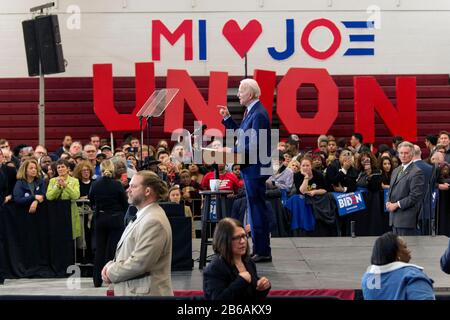 Detroit, Michigan, USA. 09th Mar, 2020. Vice President JOE BIDEN speaks during a Get Out the Vote Rally at Renaissance High School. The Michigan primary and those in five other states will be contested tomorrow, March 10. Credit: Brian Cahn/ZUMA Wire/Alamy Live News Stock Photo