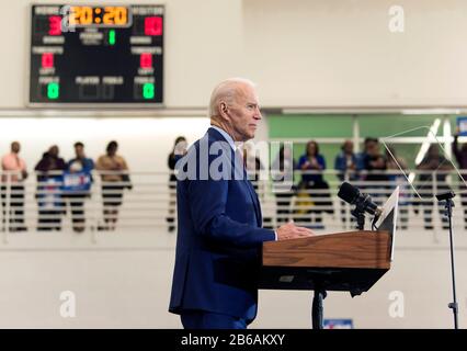 Detroit, Michigan, USA. 09th Mar, 2020. Vice President JOE BIDEN speaks during a Get Out the Vote Rally at Renaissance High School. The Michigan primary and those in five other states will be contested tomorrow, March 10. Credit: Brian Cahn/ZUMA Wire/Alamy Live News Stock Photo