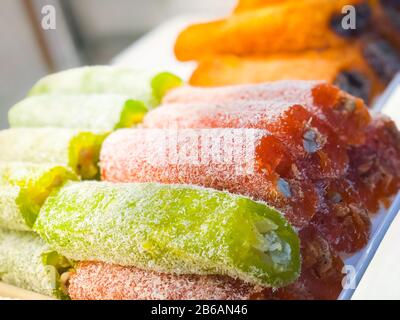 variety of turkish delights with nuts, pistachios, seeds & dried fruits Stock Photo