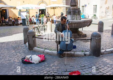 Rome / Italy - April 23 2019: Male street musician playing cello with little, white dog next to him and a fountain in background. Stock Photo