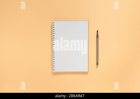 Open spiral notepad on on a beige powdery background , notebook and pen lie on textural paper, flat lay concept Stock Photo