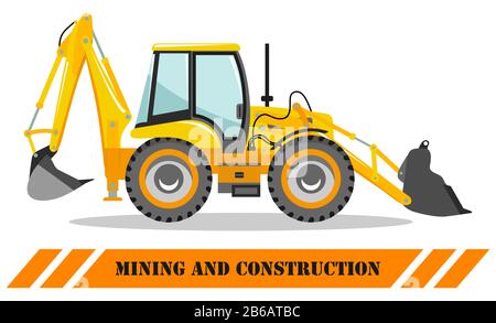 Backhoe loader. Detailed illustration of heavy mining machine and construction equipment. Vector illustration. Stock Vector