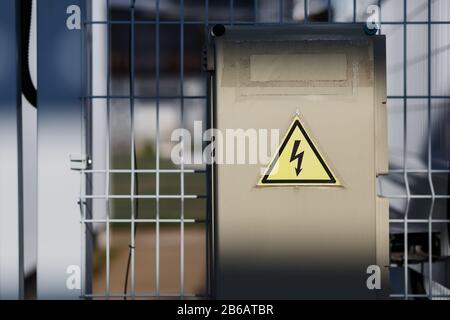 Danger Power Box White Hinged Power Supply Box on the Wall Stock Photo - Alamy