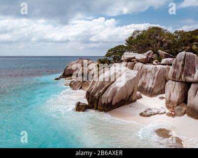 Praslin tropical island Seychelles, drone view above tropical Island Seychelles