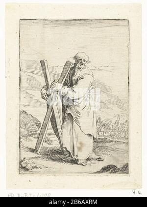 Andreas Apostles (series title) Holy Andreas with a St Andrew's cross standing in a landscape. Manufacture Vervaardiger: print maker: Andries Both (indicated on object), at its design: Andries Both Place manufacture: unknown date: ca. 1622 - ca. 1642 Physical characteristics: etching and engra material: paper Technique: etching / engra (printing process) Measurements: plate edge: h 107 mm × W 77 mm Subject: the apostle Andrew; possible attributes: book, X-shaped cross, fish, fishing net, rope, scroll Stock Photo