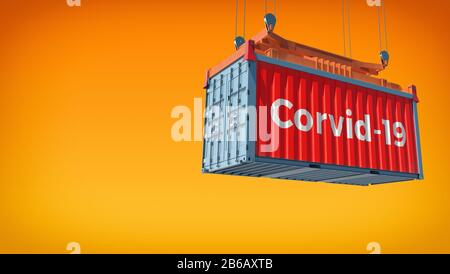Container with Coronavirus Corvid-19 text on the side. Concept of international trade spreading the Corona virus. 3D Rendering Stock Photo