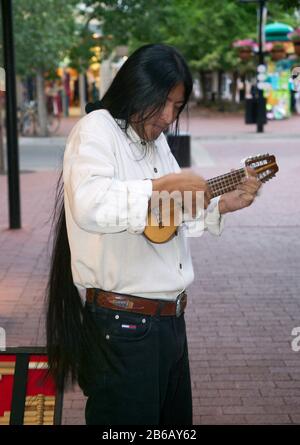 Peruvian musician playing a mandolin like instrument, Pearl Street walkway, Boulder, CO Stock Photo