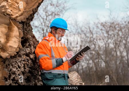 Forestry technician writing notes on clipboard notepad paper in forest during logging deforestation process Stock Photo