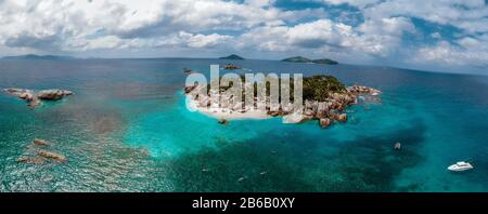 Praslin tropical island Seychelles, drone view above tropical Island Seychelles