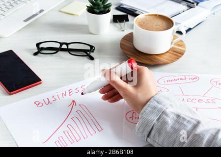 Businesswoman write business plan idea with strategy and chart growth concept. Business planning concept. Office workplace. Stock Photo