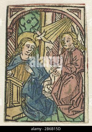 Annunciatie Mary with archangel Gabriel and the Holy Spirit printed text in German on verso. Loose leaf with handwritten German text on verso, old doublure. Manufacturer : printmaker: anonymous place manufacture: Germany Date: 1480 - 1500 Physical features: woodcut, hand colored in blue, red, yellow, green and gold paint material: paper Technique: woodcut / hand color dimensions : sheet: h 57 mm × W 41 mm Subject: the Annunciation: Mary kneeling Stock Photo