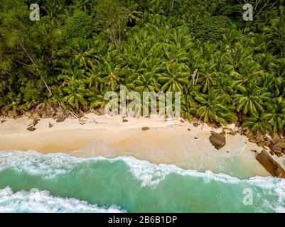 Praslin tropical island Seychelles, drone view above tropical Island Seychelles