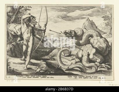 Apollo kills the giant serpent Python Ovid's Metamorphoses (series title) Apollo kills the giant serpent Python Ovid's Metamorphoses (series title) Property Type: print Serial number: 13 / 20Objectnummer: RP-P-1882-A-6355Catalogusreferentie: The Illustrated Bartsch 43-afterHollstein Dutch 520 afterNew Hollstein Dutch 544- 1 (2) Description: Apollo kills many arrows with the giant serpent Python (here, more like a dragon illustrated, with legs). Among the show twice two lines of Latin text. This print is part of a series of 52 prints that depict stories from Ovid's Metamorphoses. This series is Stock Photo