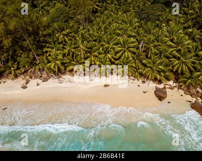 Praslin tropical island Seychelles, drone view above tropical Island Seychelles